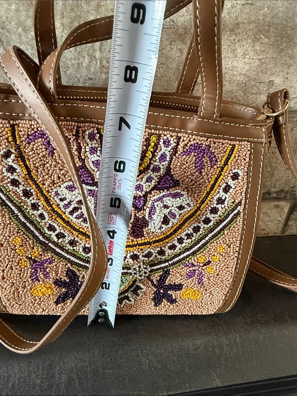 Beaded Embroidered Tan Crossbody Bag